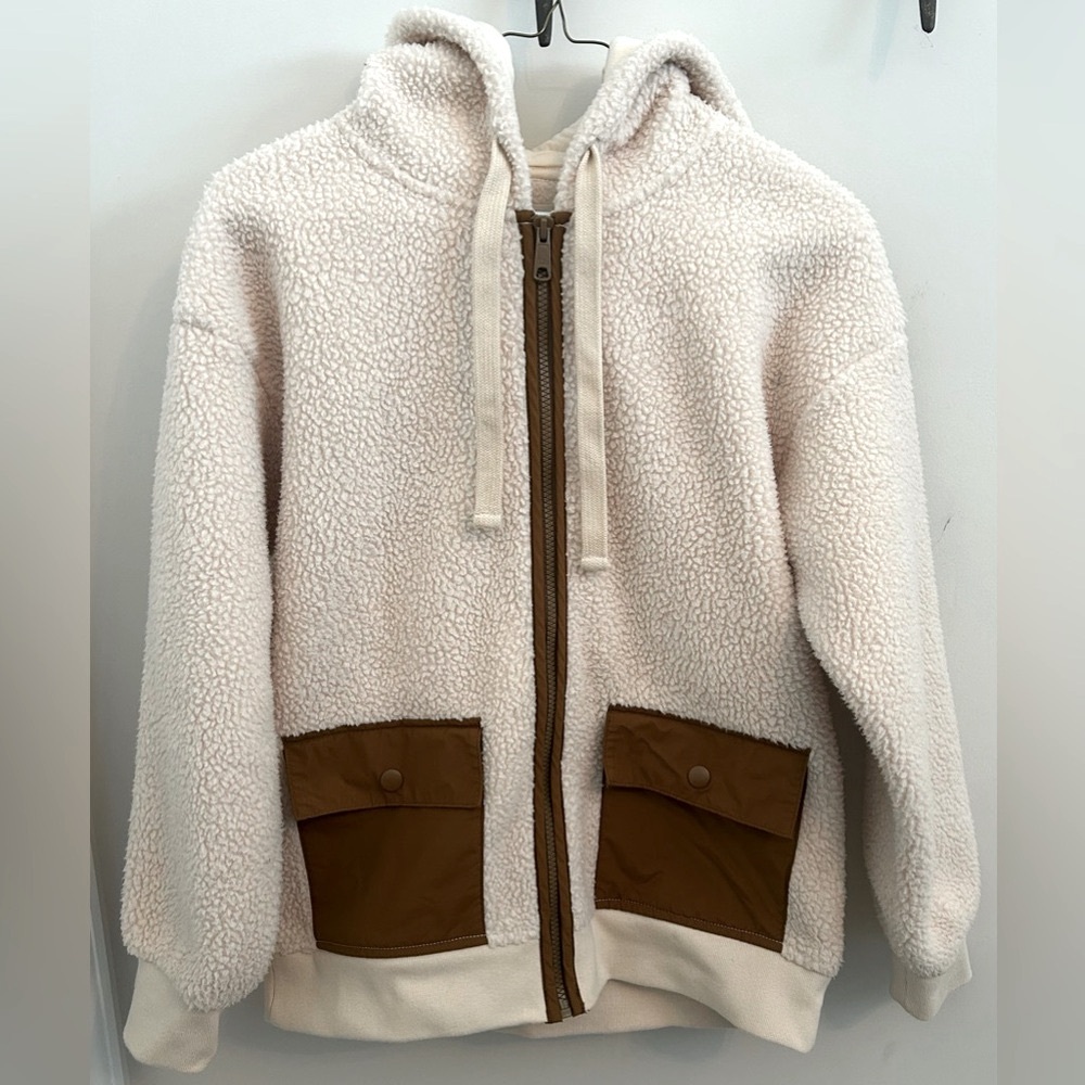 Madewell Cream Sherpa Zip Hoodie Jacket Brown Pocket Trim Cozy Teddy Fleece